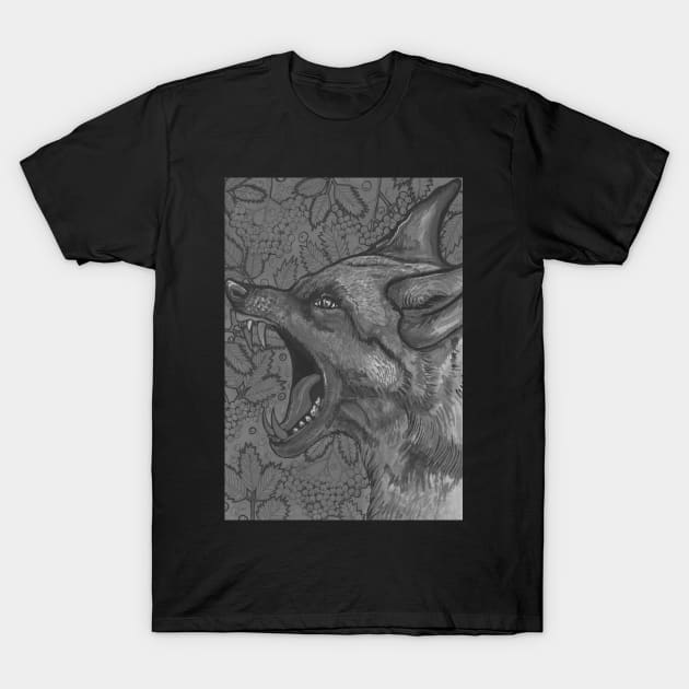 Black dog or wolf with flowers T-Shirt by deadblackpony